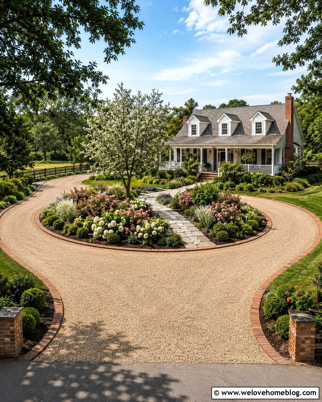 Horseshoe Country Driveway With a Central Garden - 20 country driveway landscaping ideas