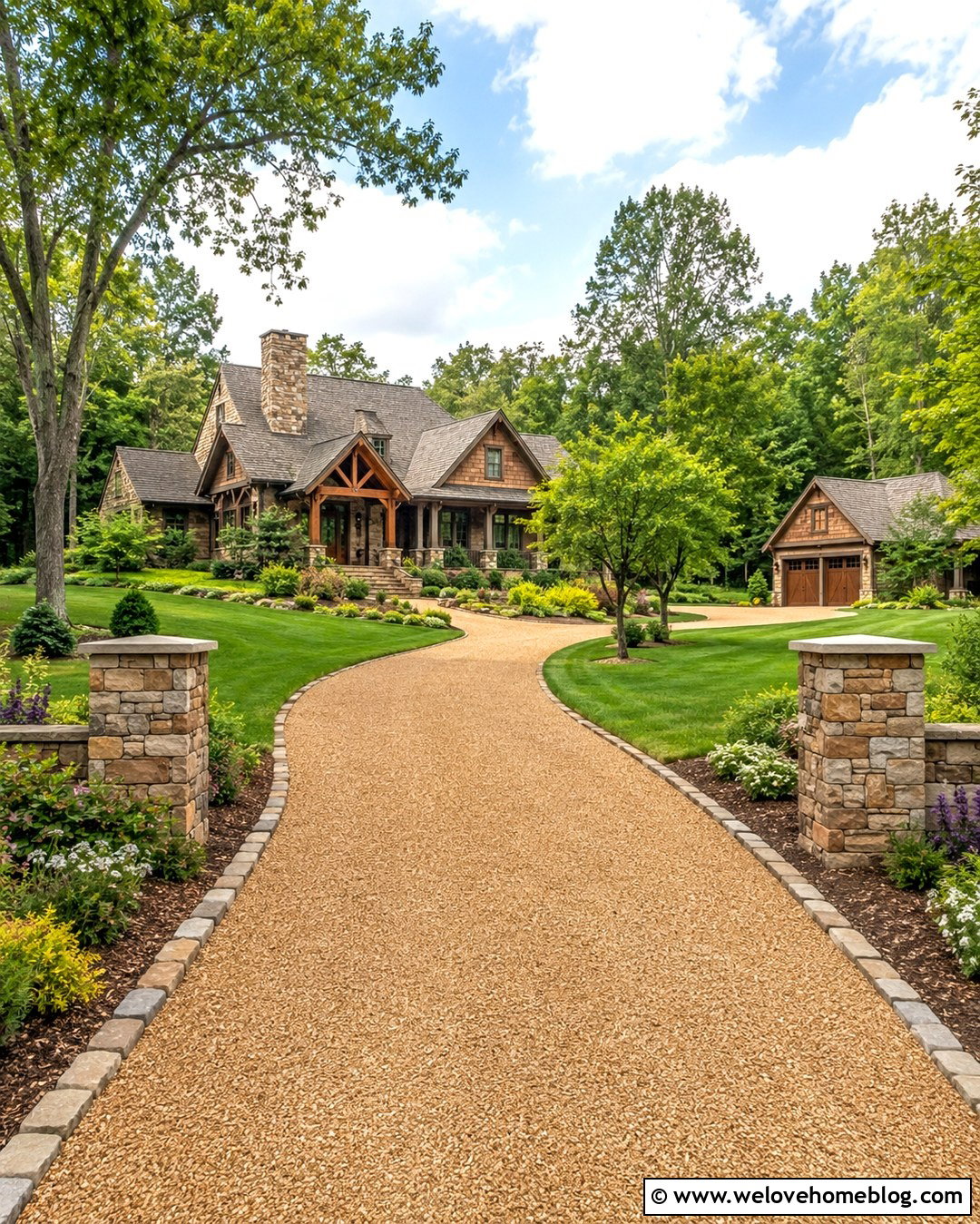 Horseshoe Crushed Gravel Driveway With Stone Pillars - 20 Crushed Gravel Driveway Ideas