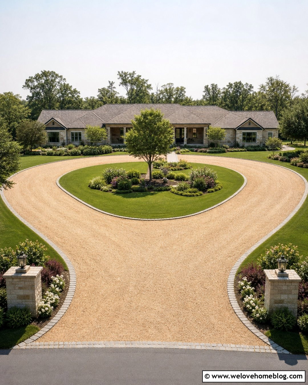Horseshoe Crushed Stone Driveway With Center Garden - 25 Crushed Stone Driveway Ideas