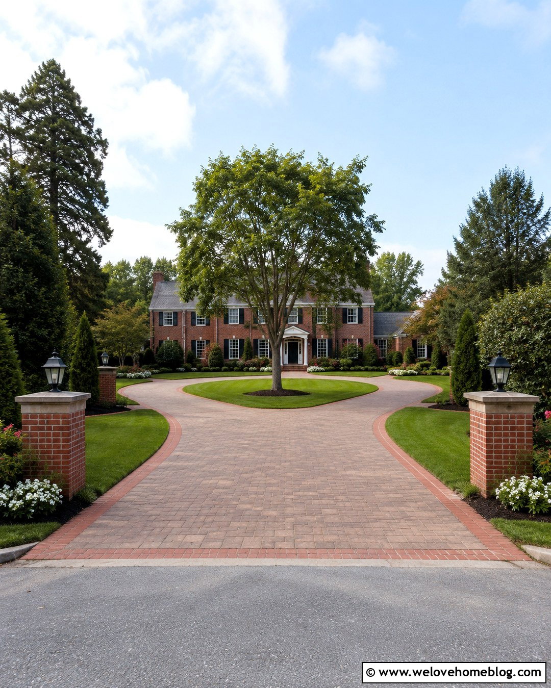 Horseshoe Driveway With Brick Pillars - 20 Dream House Driveway Ideas