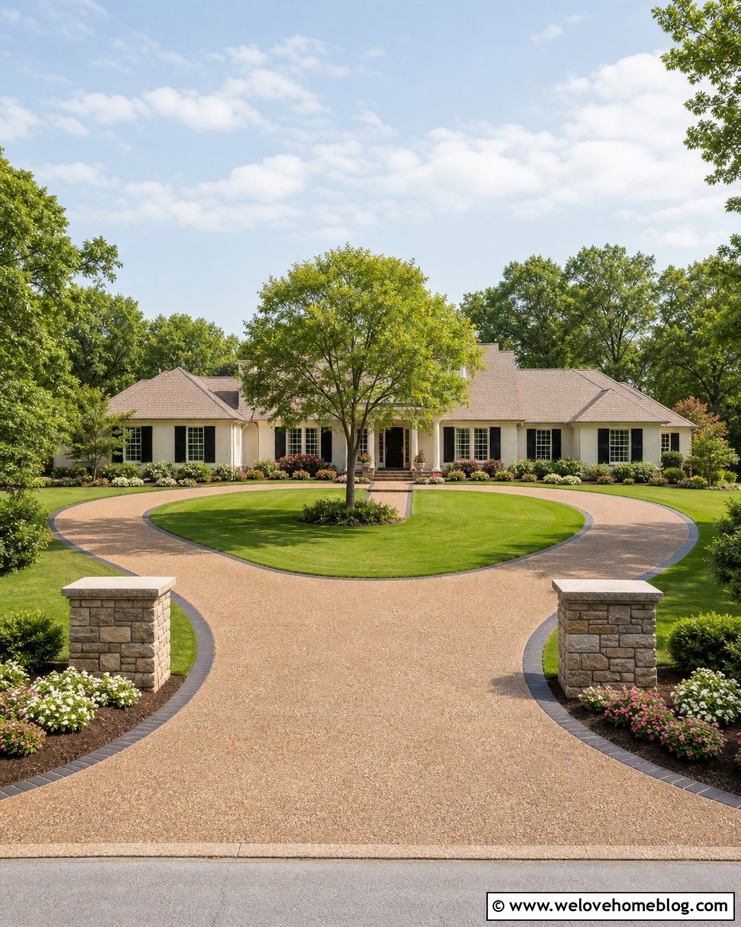 Horseshoe Driveway With Landscaped Entrance - 25 Pretty Driveways Ideas