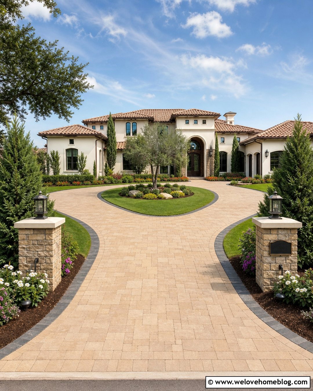 Horseshoe Driveway With Landscaped Entry Pillars - 25 Front Yard Landscaping Driveway Ideas