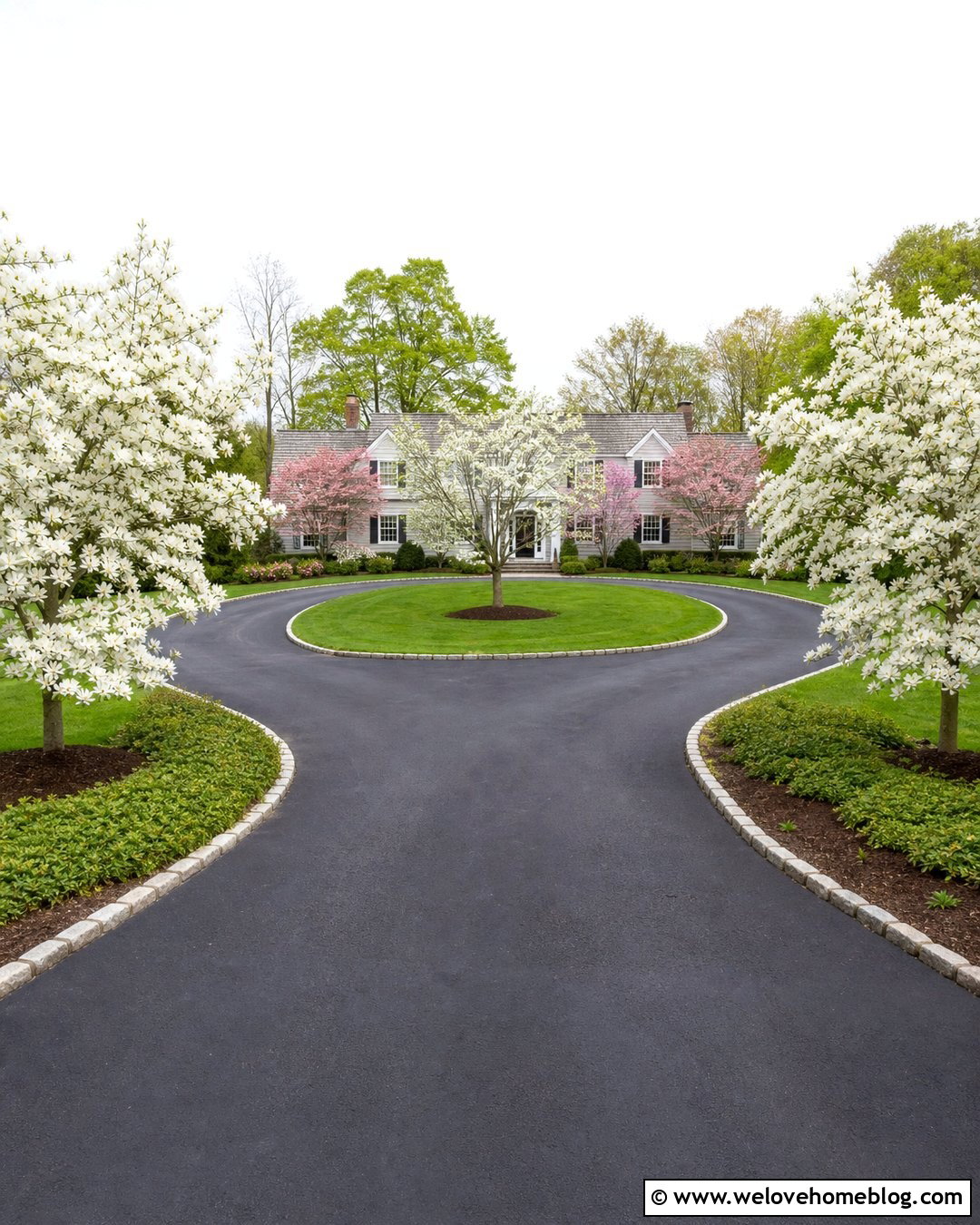 Horseshoe Driveway With Pink And White Dogwoods - 20 Dogwood Lined Driveway Ideas