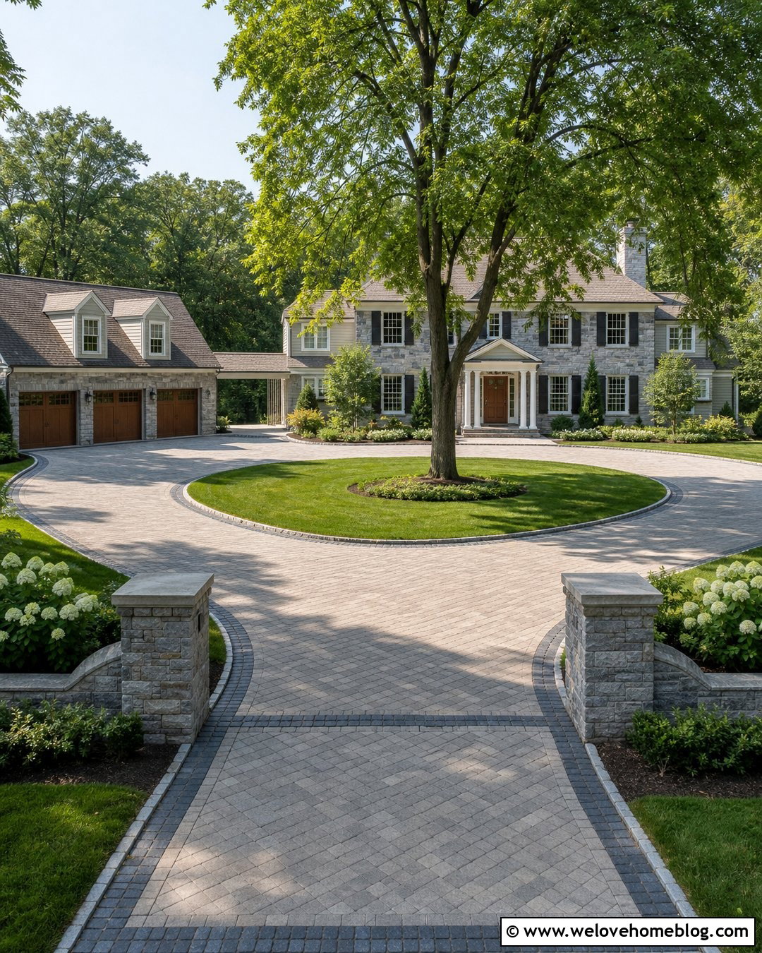 Horseshoe Driveway With Stone Entrance Pillars - 20 Residential Driveway Ideas