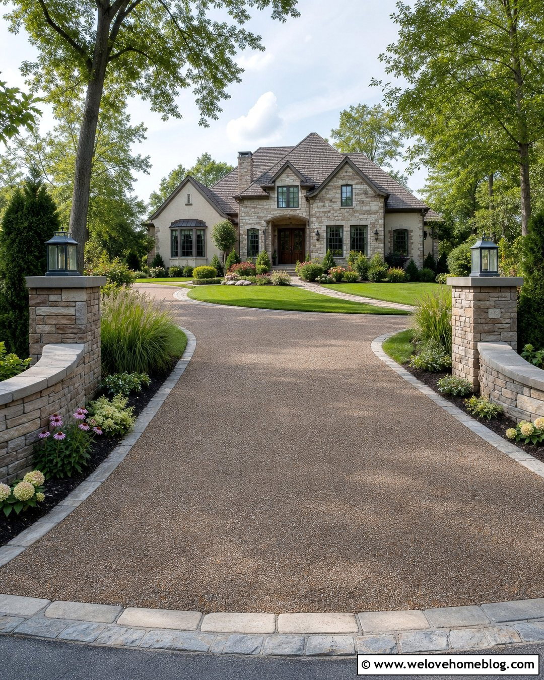 Horseshoe Driveway With Stone Entrance Pillars - 25 horseshoe driveway landscaping ideas