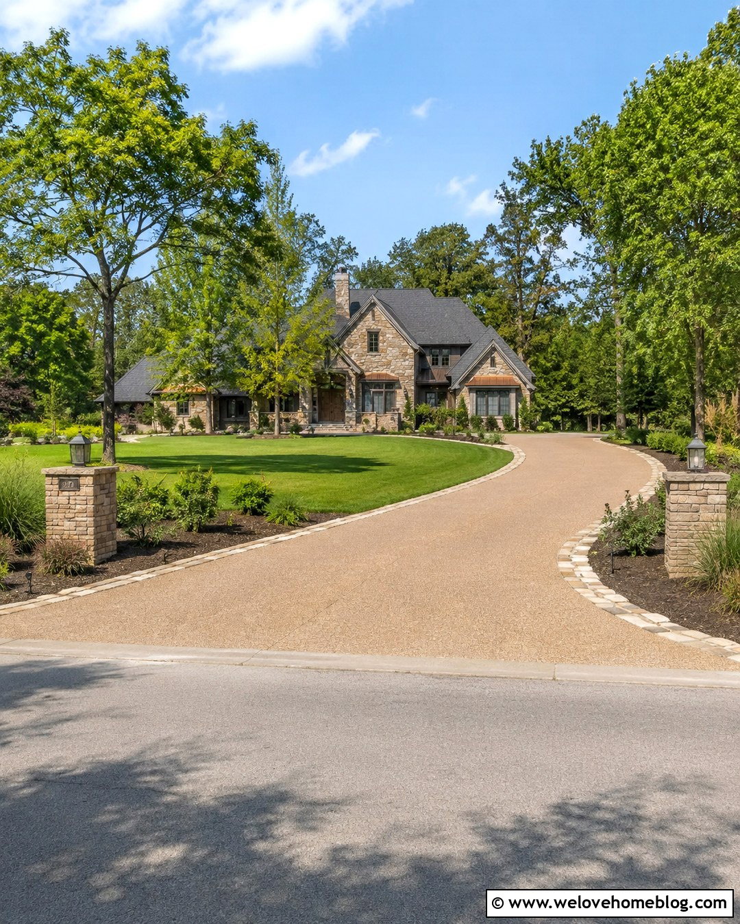 Horseshoe Driveway With Stone Entrance Pillars - 20 big front yard landscaping driveways ideas