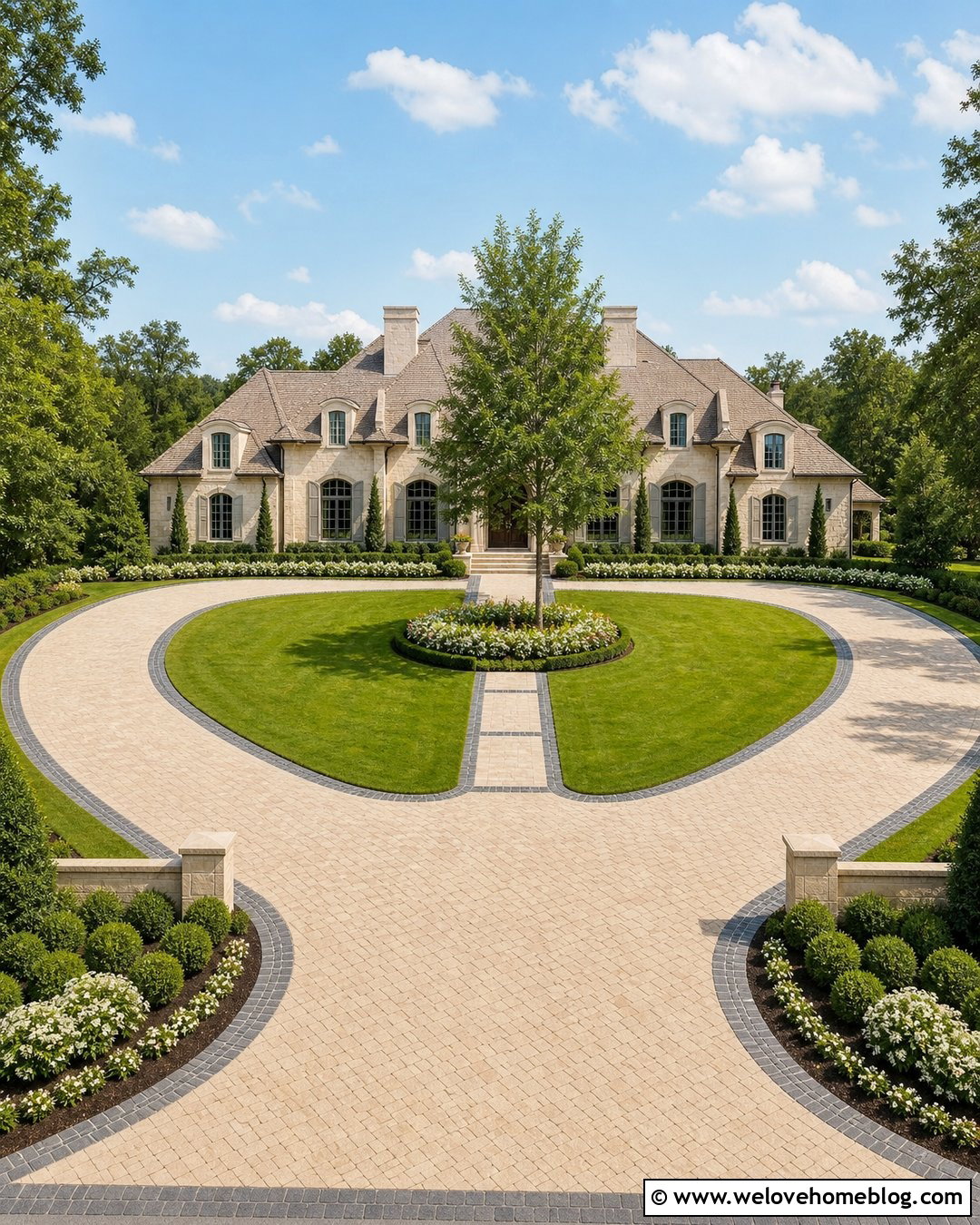 Horseshoe Driveway With Symmetrical Landscaping - 20 Sunlit Driveway Landscaping Ideas