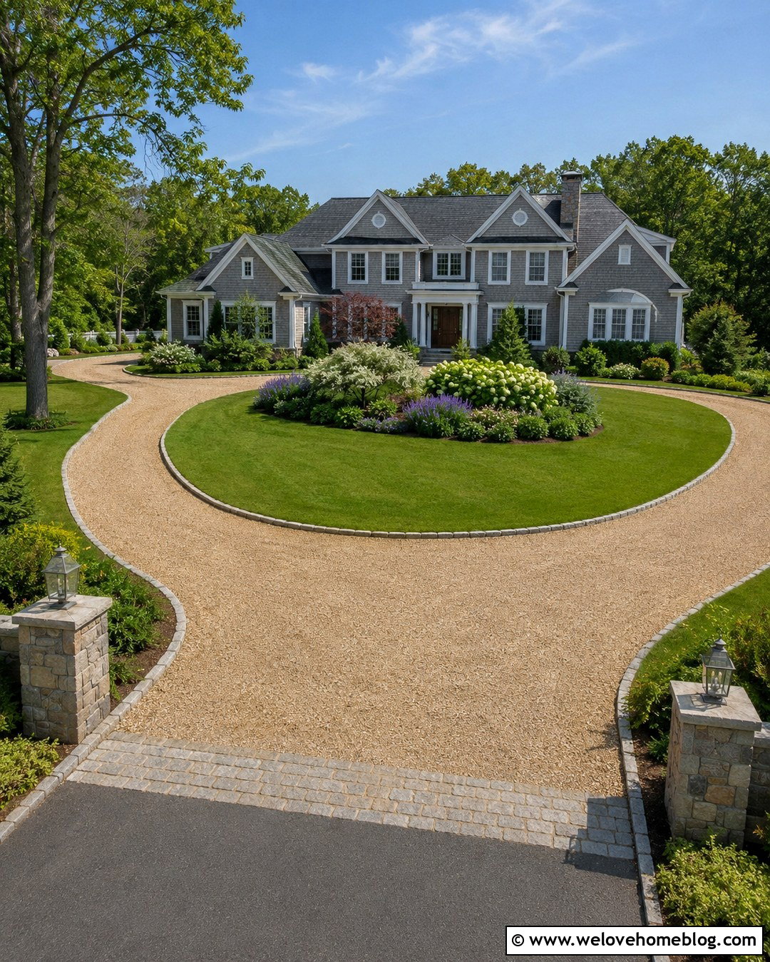 Horseshoe Gravel Driveway With A Flower Bed - 20 Gravel Driveway With Flowers Ideas
