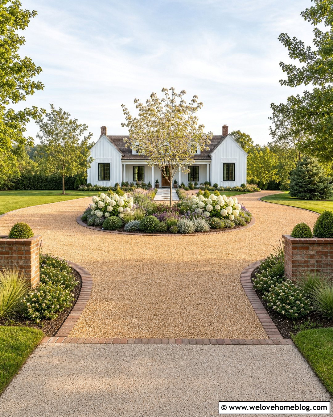Horseshoe Gravel Driveway With A Flowering Center Bed - 20 Farmhouse Gravel Driveway Ideas