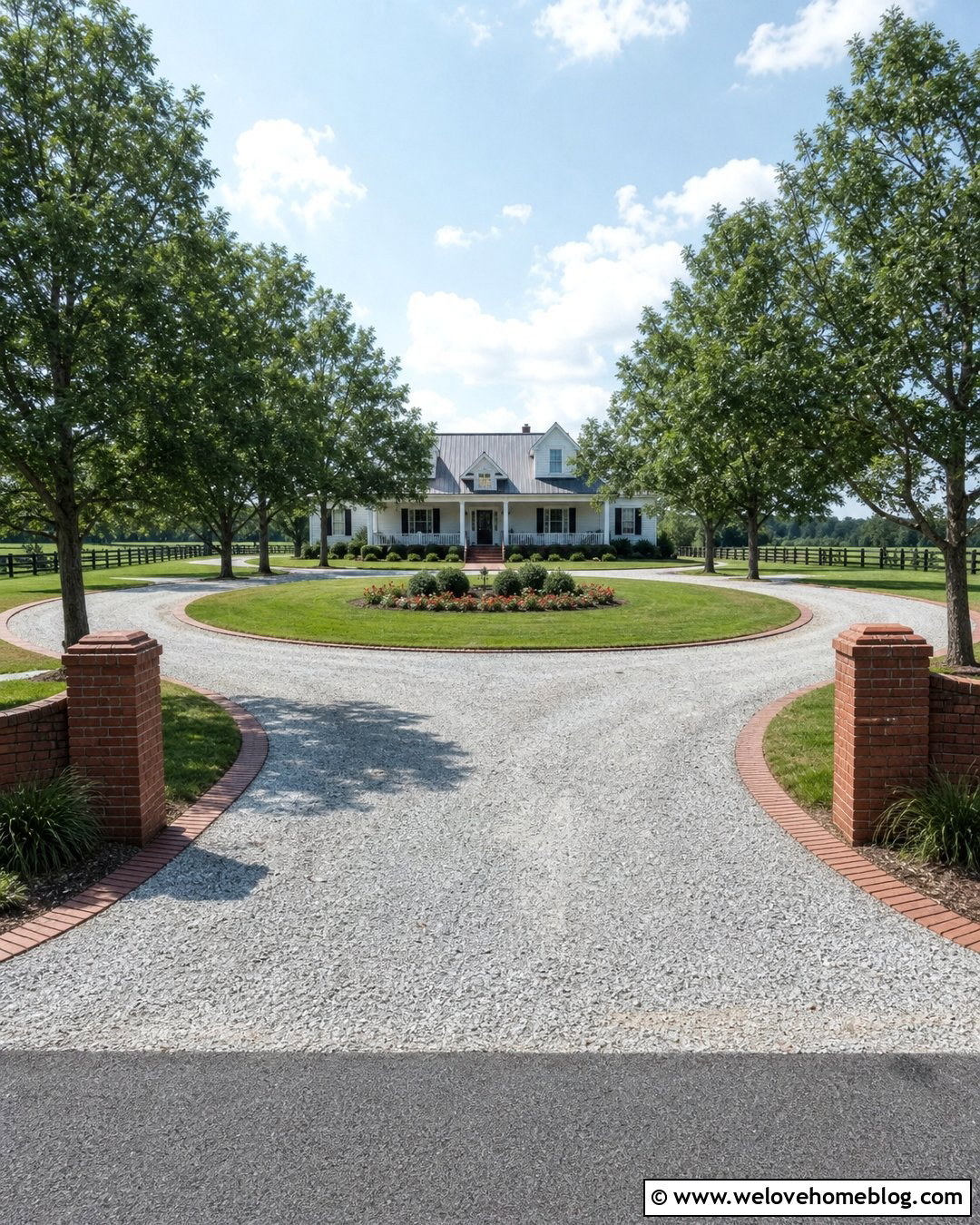 Horseshoe Gravel Driveway With Brick Entrance - 30 Driveway Installation Ideas