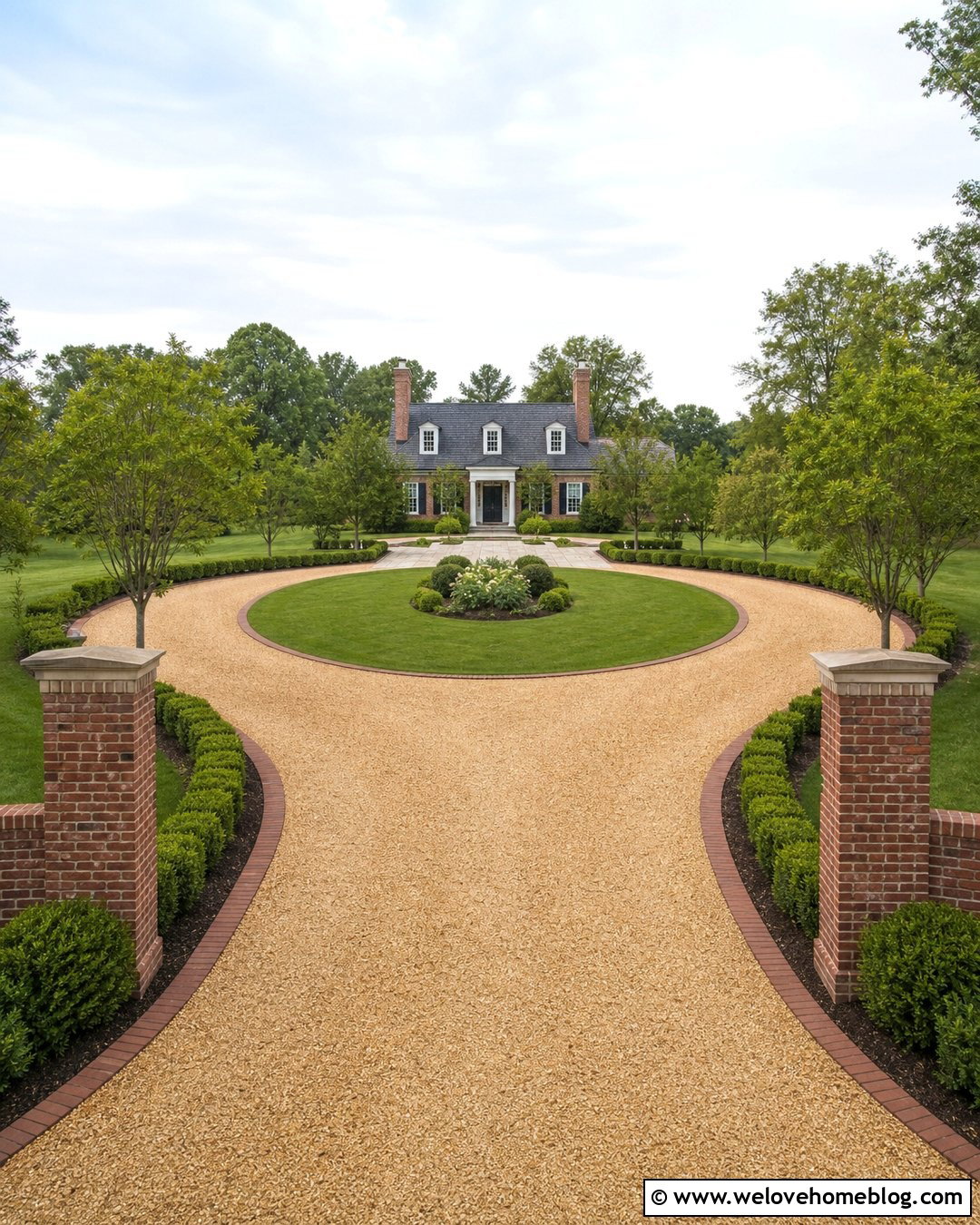 Horseshoe Gravel Driveway With Brick Pillars - 25 Car Driveway Ideas