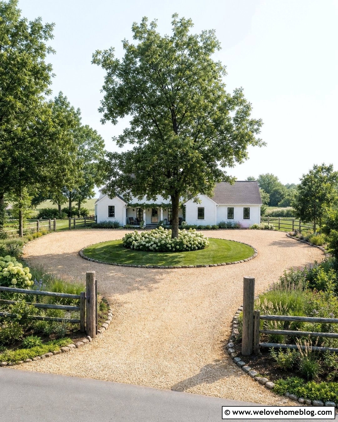 Horseshoe Gravel Driveway With Farmhouse Entrance - 35 home driveway ideas