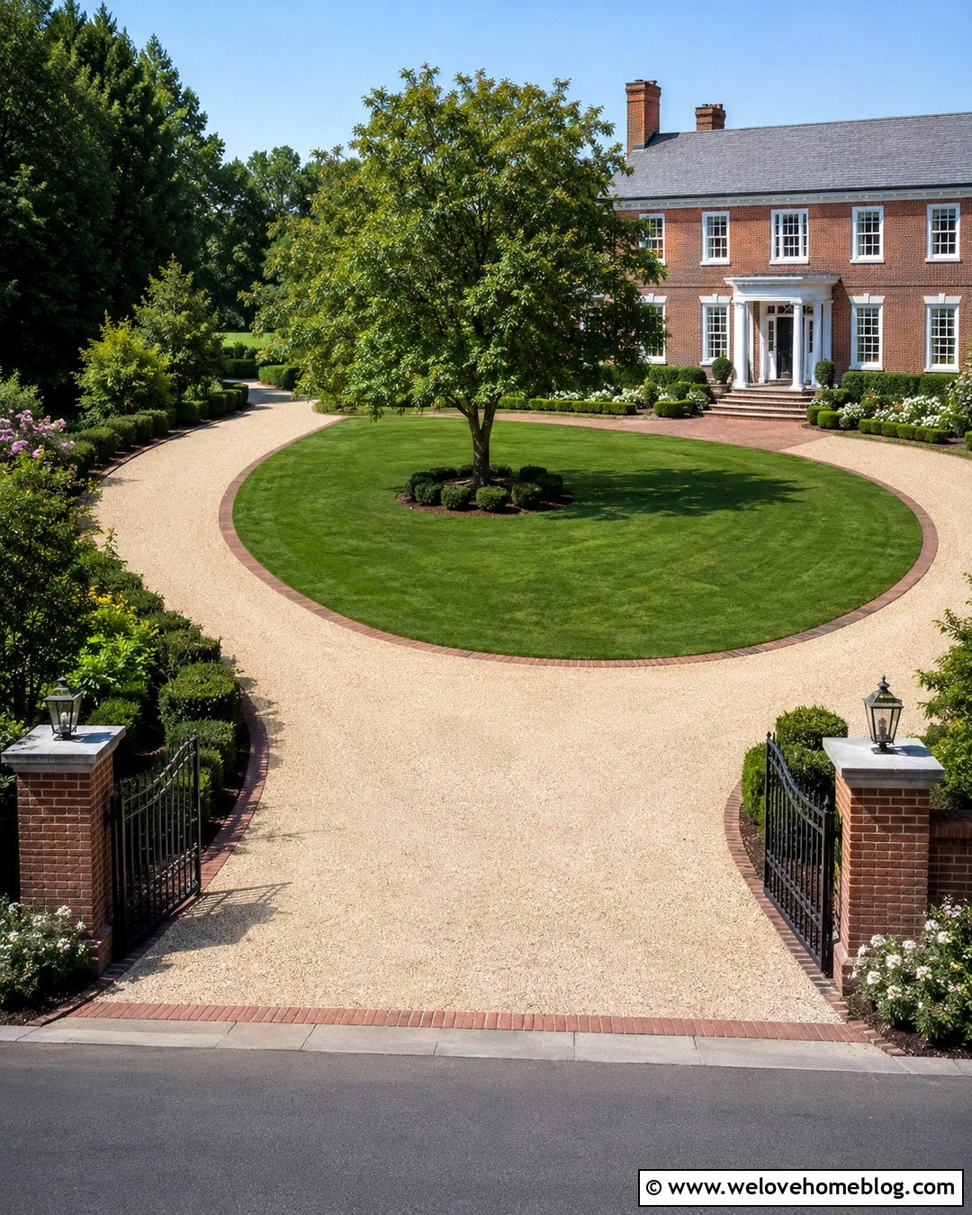 Horseshoe Gravel Driveway With Gate Pillars - 20 Nice Driveway Ideas