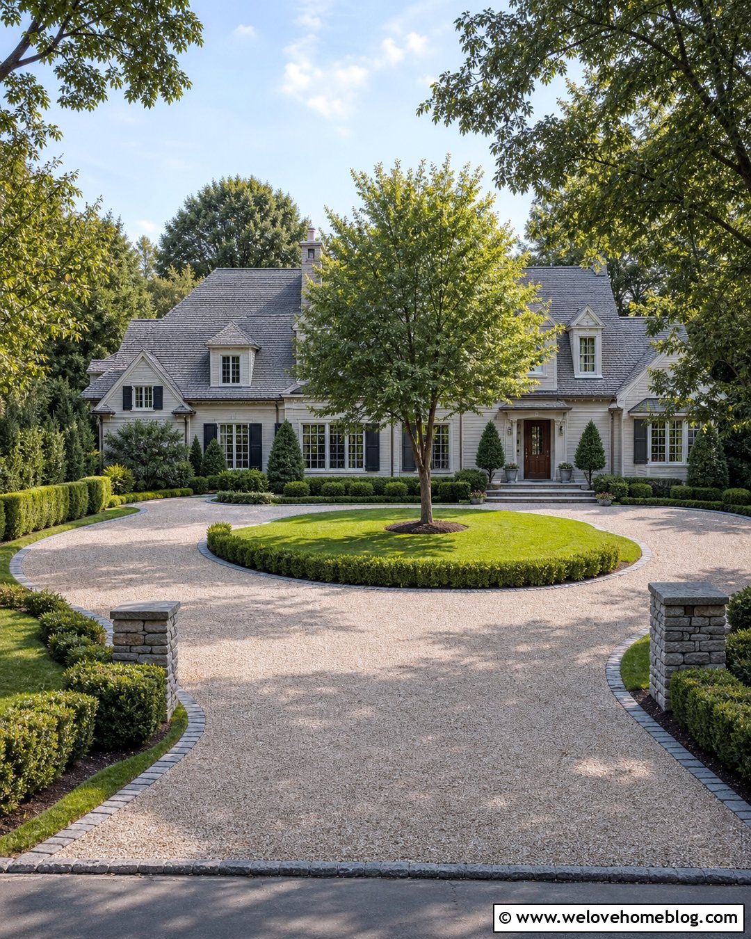 Horseshoe Gravel Driveway With Hedges - 25 Driveway Gravel Ideas