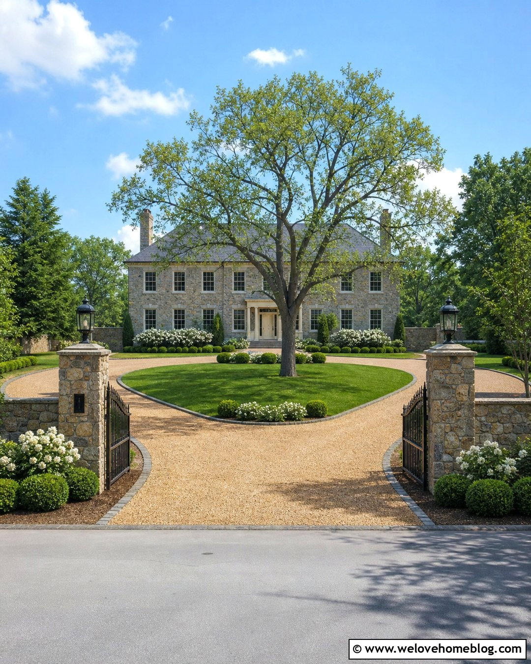 Horseshoe Gravel Driveway With Iron Gates - 25 Old Money House Driveway Ideas