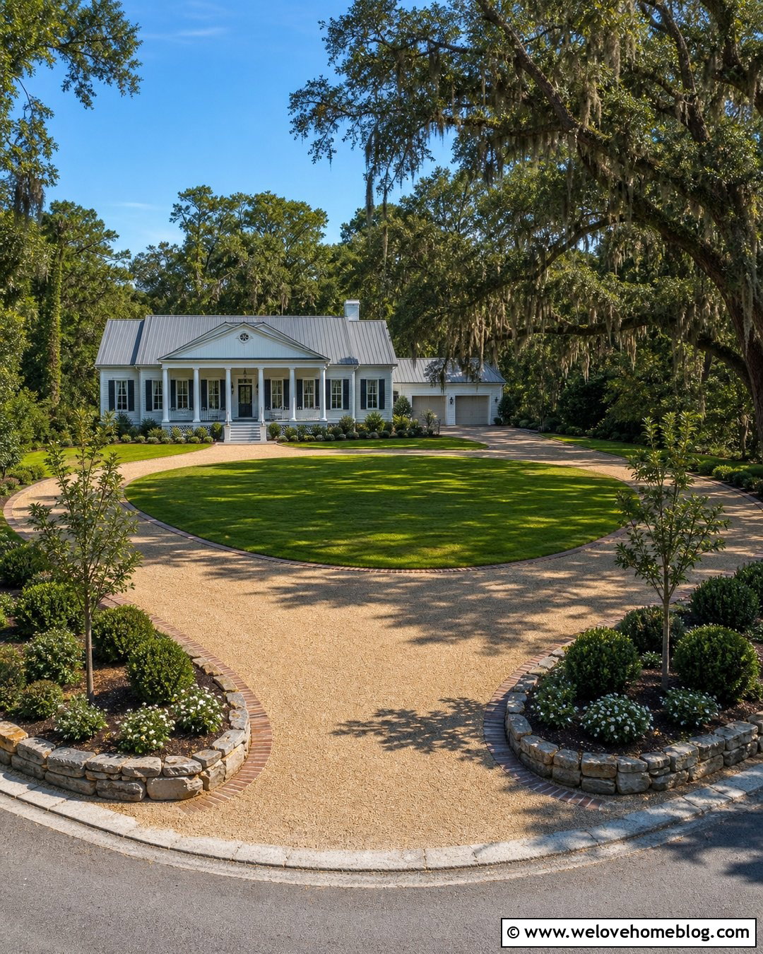 Horseshoe Gravel Driveway With Open Lawn - 20 Gravel And Grass Driveway Ideas