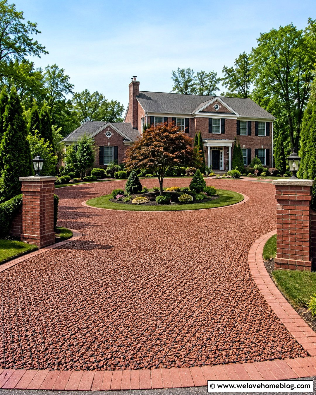Horseshoe Gravel Grid Driveway With Brick Pillars - 20 Driveway Gravel Grid Installation Ideas