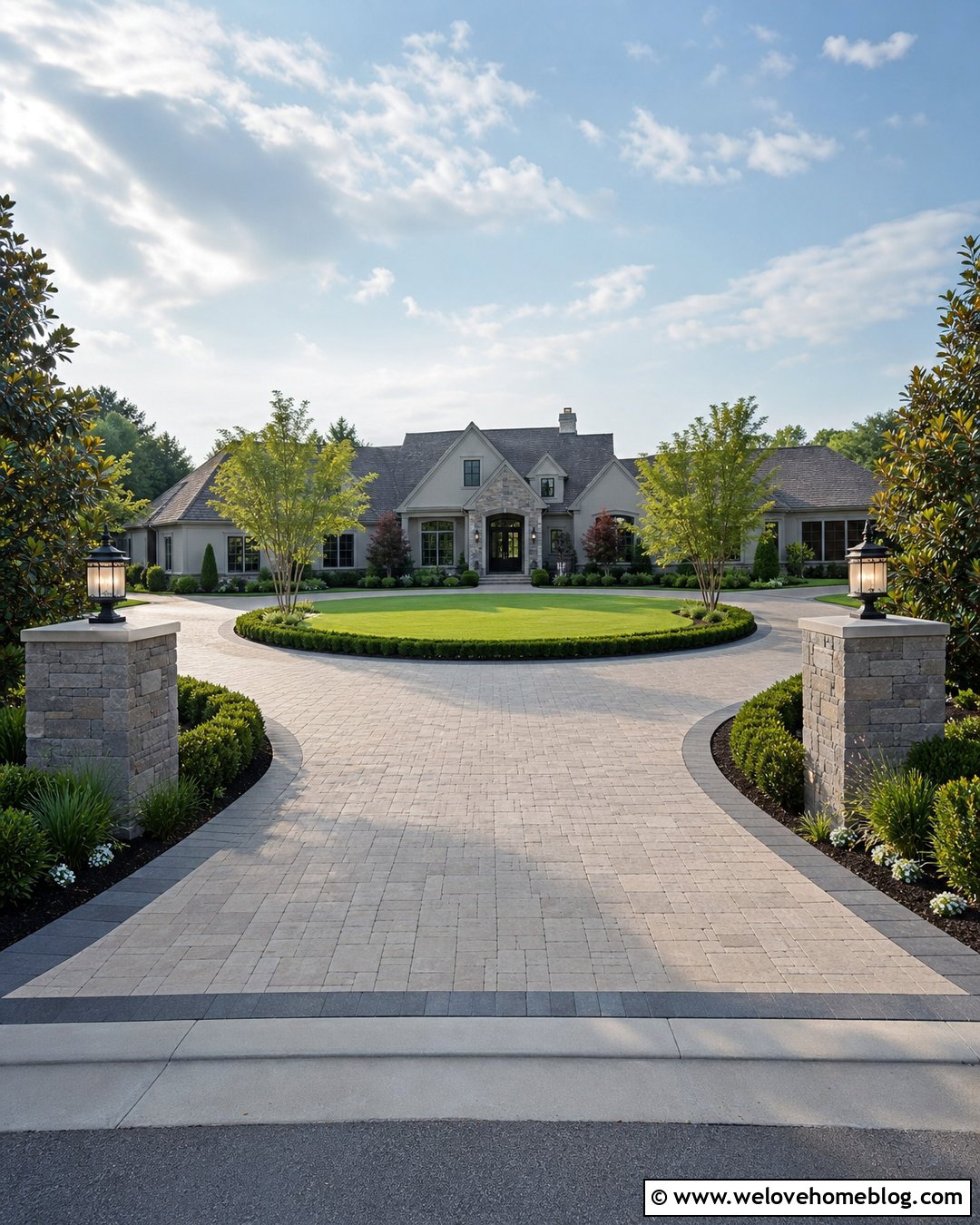 Horseshoe Luxury Driveway With Stone Pillars - 45 Luxury Driveway Ideas