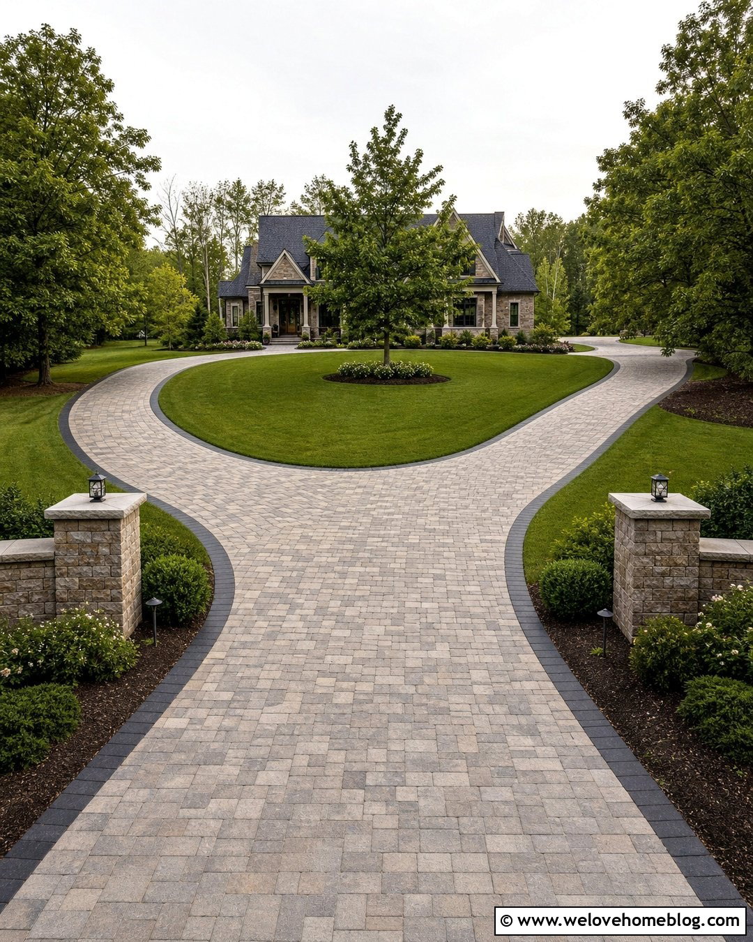 Horseshoe Paver Driveway With Two Entrances - 35 Paver Driveway Ideas