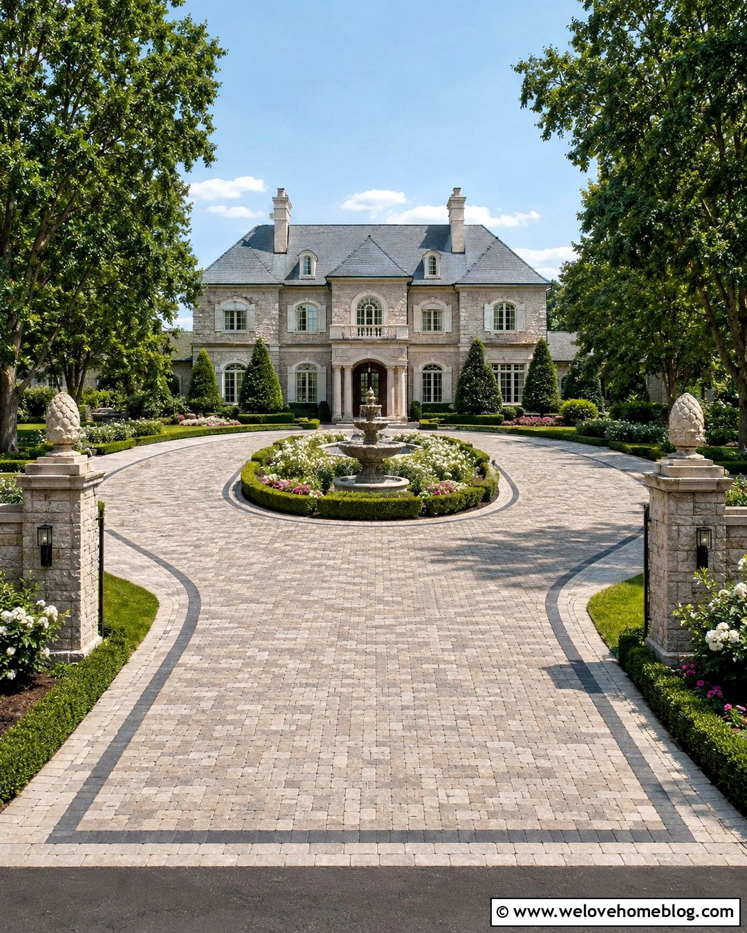 Horseshoe Paver Manor Driveway With Fountain - 20 Manor Driveway Ideas