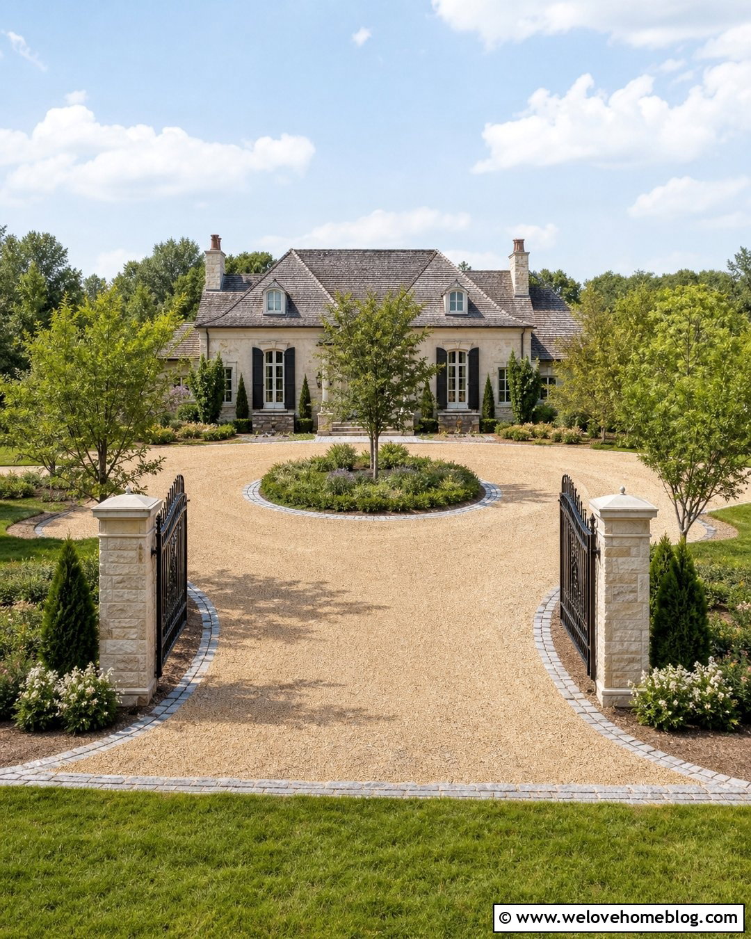 Horseshoe Pebble Driveway With Entry Gate - 35 Pebble Driveway Ideas