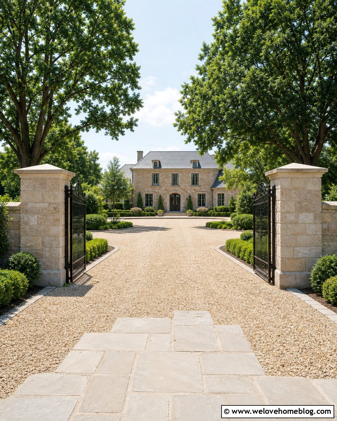 Horseshoe Pebble Driveway With Stone Pillars - 20 pebble rock driveway ideas