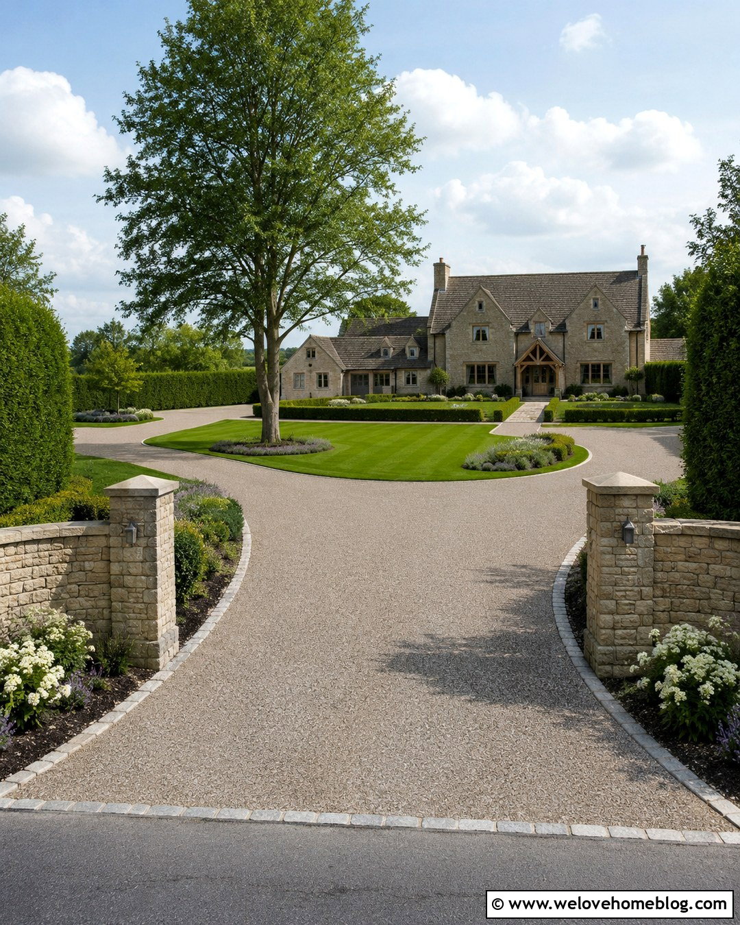Horseshoe Resin Bound Gravel Driveway With Stone Pillars - 20 Resin Bound Gravel Driveway Ideas