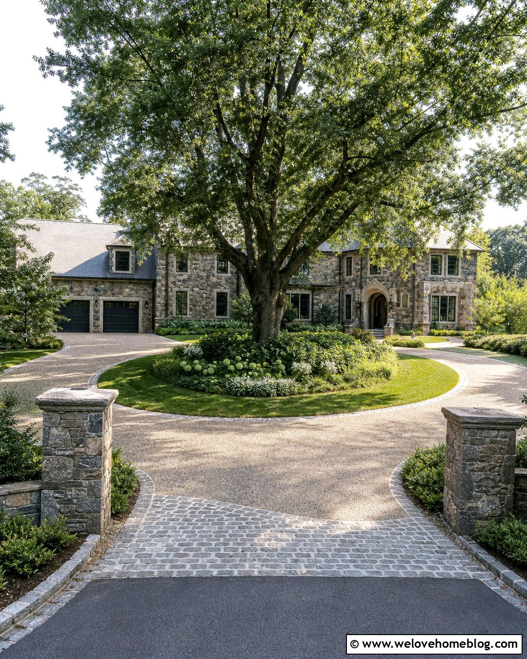 Horseshoe River Rock Concrete Driveway With Stone Pillars - 20 river rock concrete driveway ideas