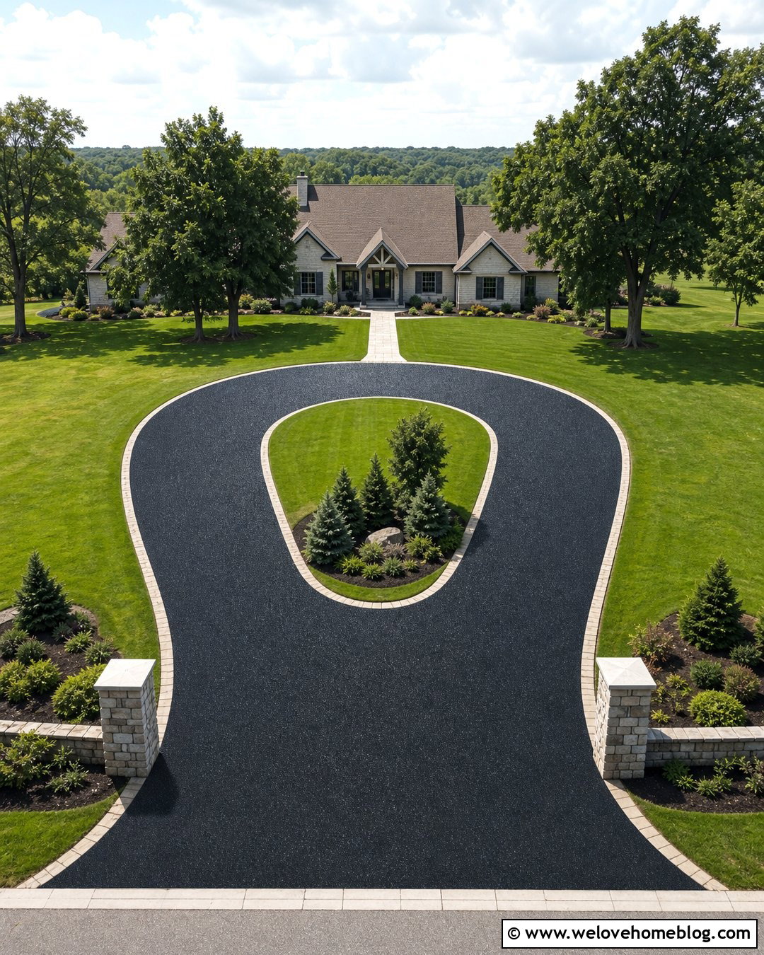 Horseshoe Rubber Paving Driveway With Entry Pillars - 20 Rubber Paving Driveway Ideas