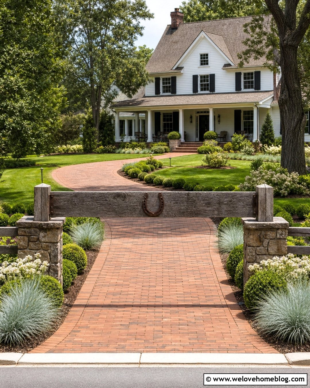 Horseshoe Rustic Driveway Sign With Brick Driveway - 20 Rustic Driveway Signs Ideas