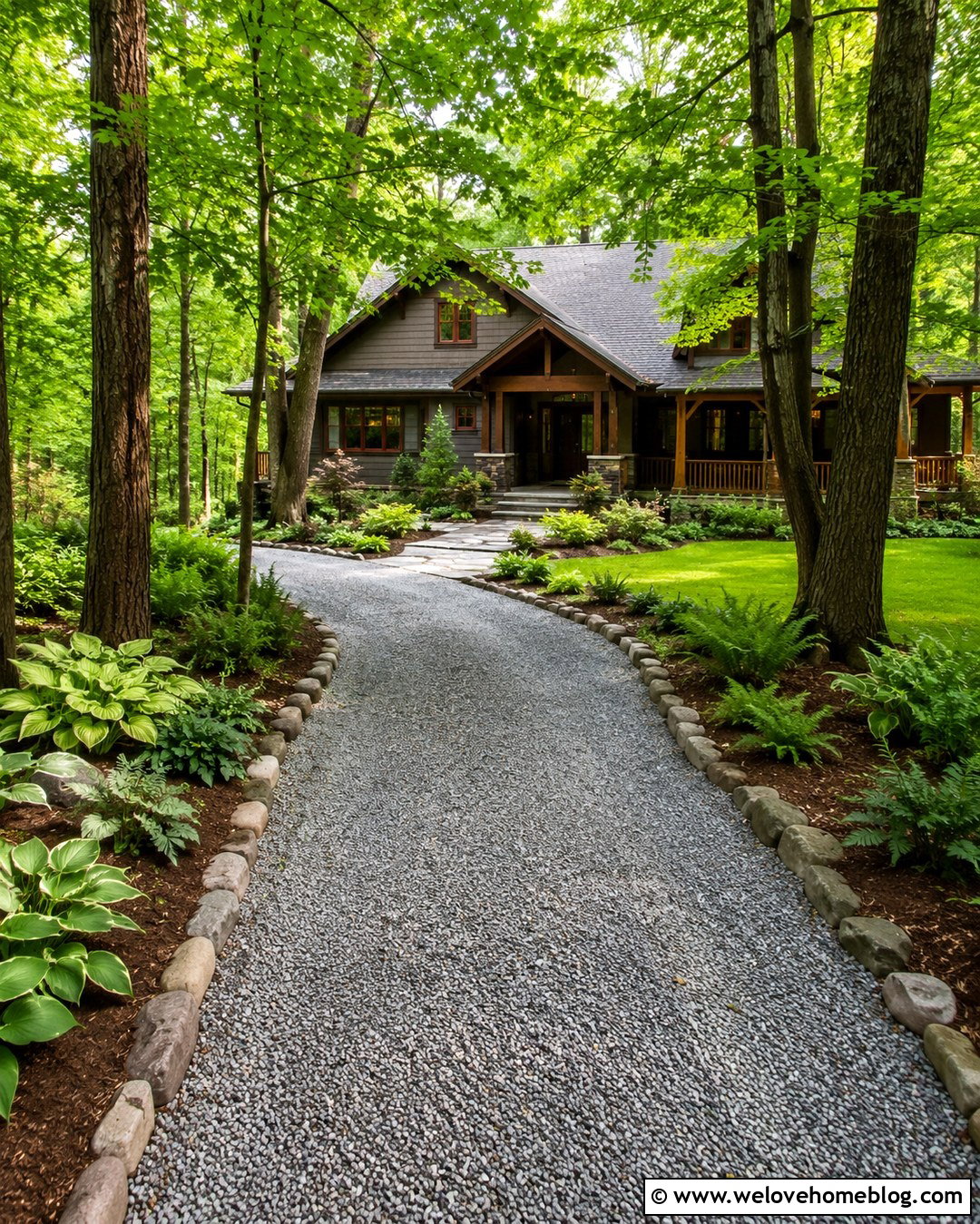Hosta Lined Shaded Gravel Driveway - 20 Plant Lined Driveway Ideas