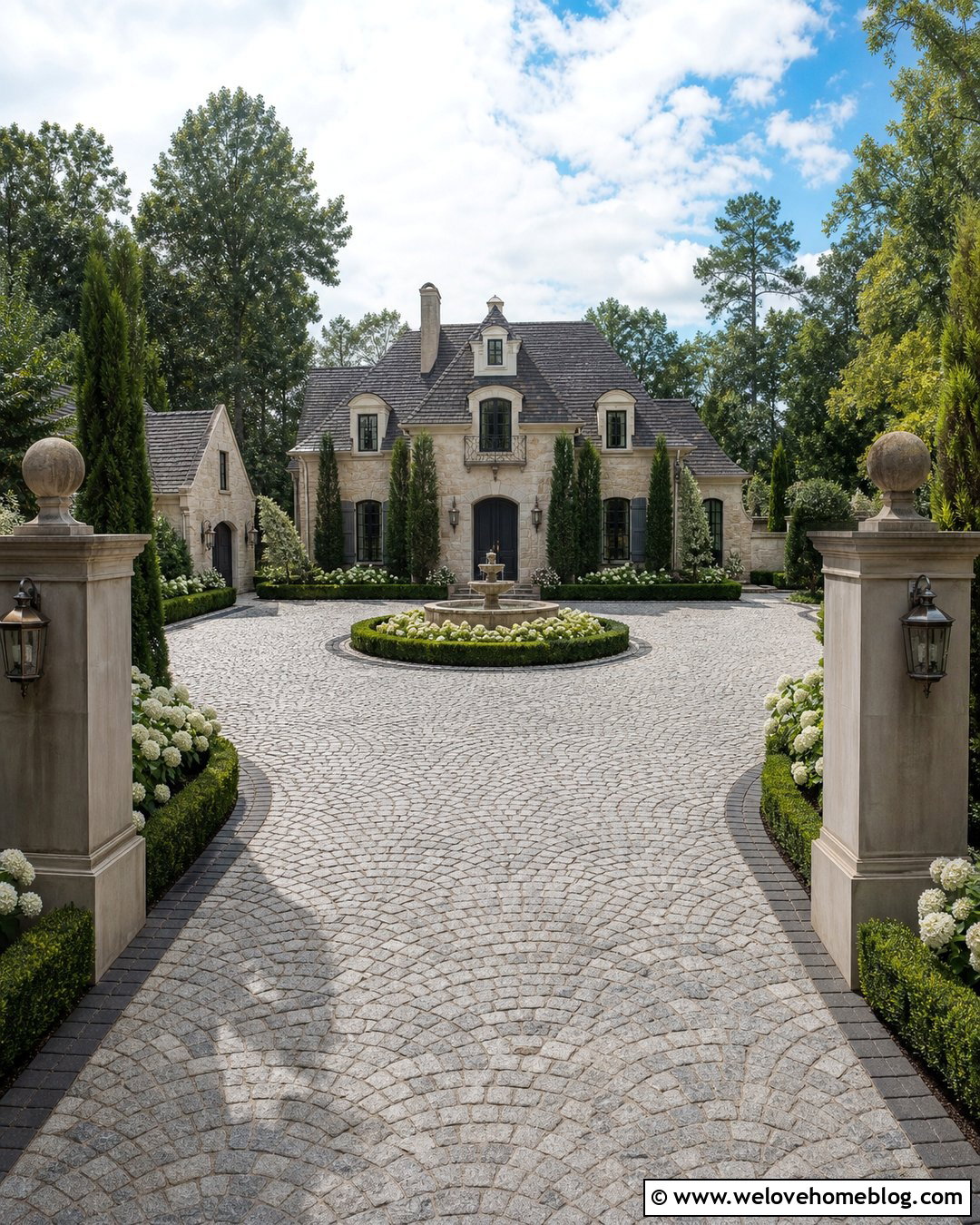 Huge Cobblestone Driveway With Formal Landscaping - 25 Huge Driveway Ideas