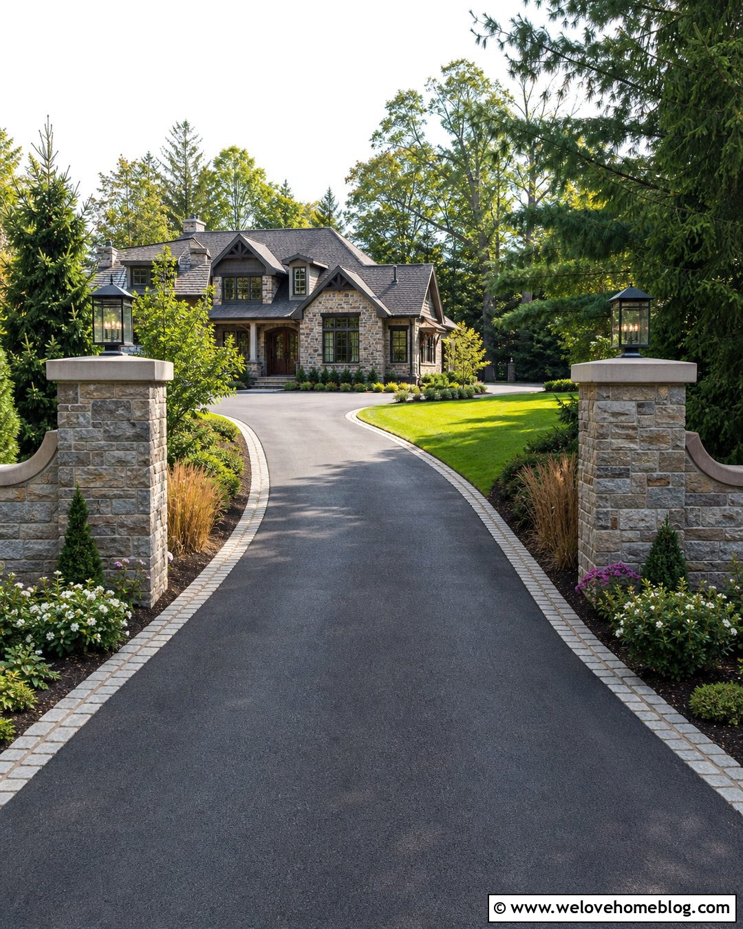Huge Driveway With Stone Entrance Pillars - 25 Huge Driveway Ideas