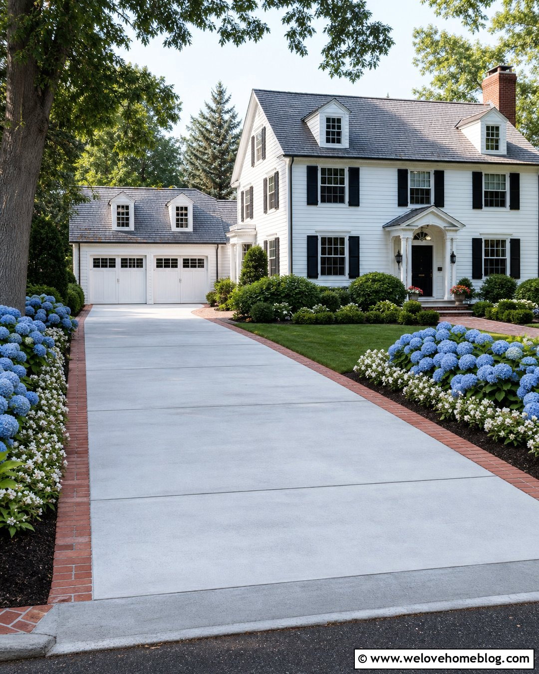 Hydrangea Lined Concrete Driveway - 25 flower lined driveway ideas