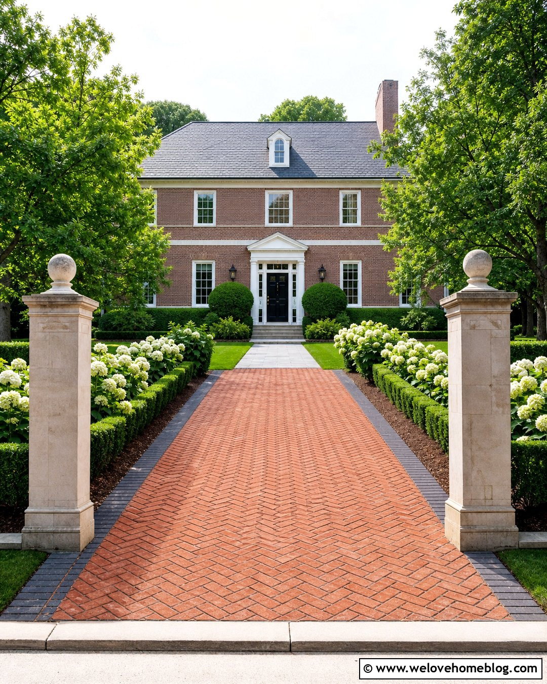Hydrangeas and Boxwood Along a Brick Driveway - 20 Hydrangeas Along Driveway Ideas