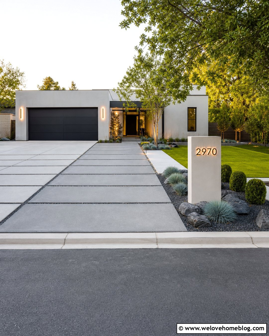 Illuminated Driveway Address Sign With Concrete Pillar - 25 Driveway Address Sign Ideas