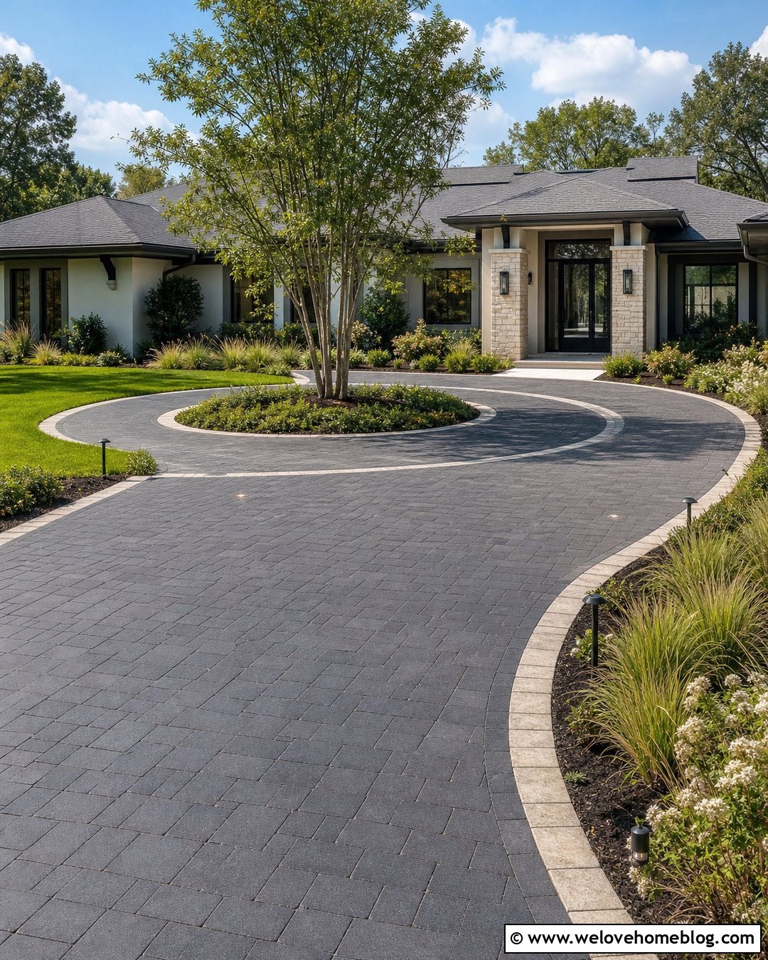 Illuminated Spiral Driveway With Stone Edging - 20 Spiral Driveway Ideas