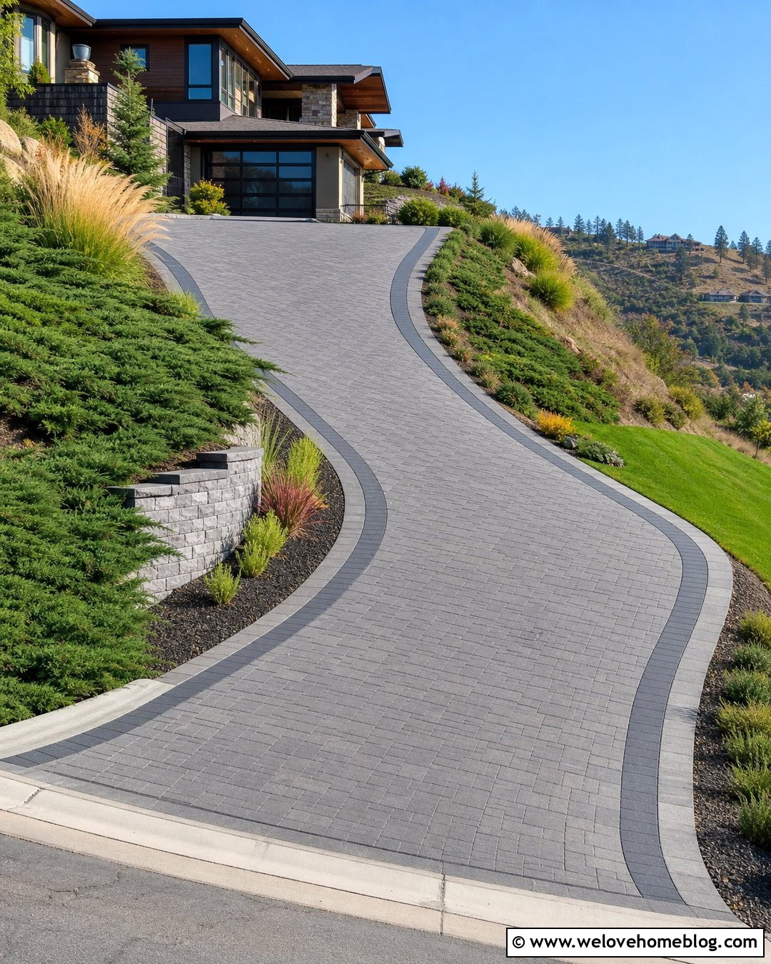 Interlocking Paver Steep Driveway With Curbs - 35 Steep Driveway Solutions Ideas