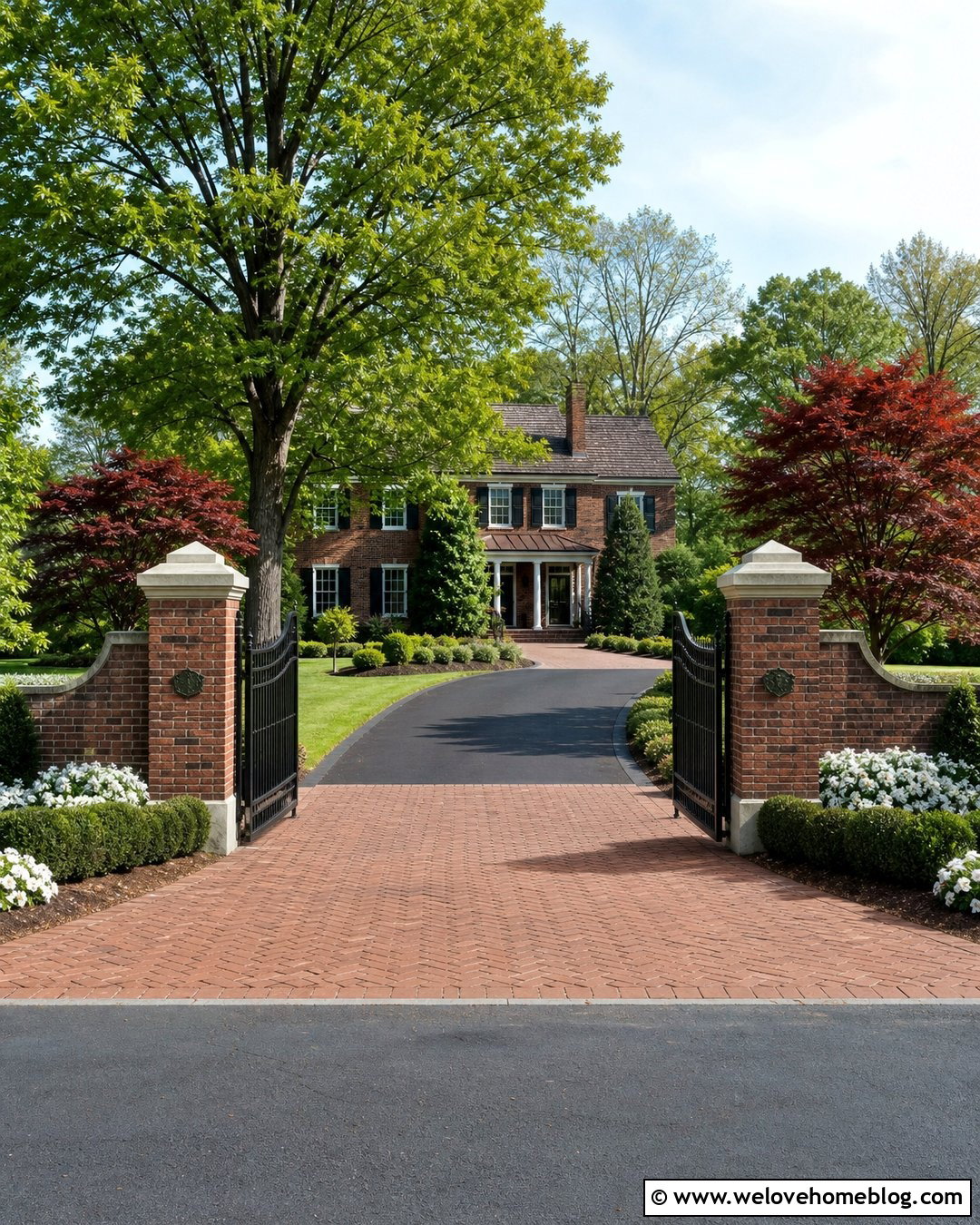 Iron Country Gate With Brick Pillars And Paver Driveway - 20 Country Gates Driveway Ideas