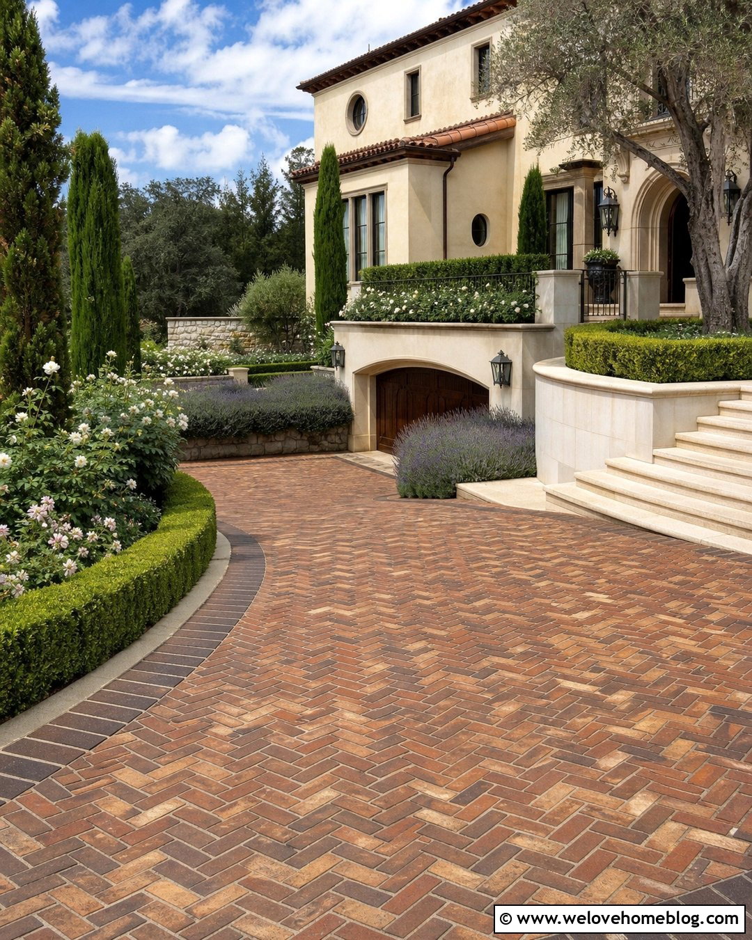 Italian Villa Herringbone Brick Driveway - 20 Italian Villa Driveway Ideas