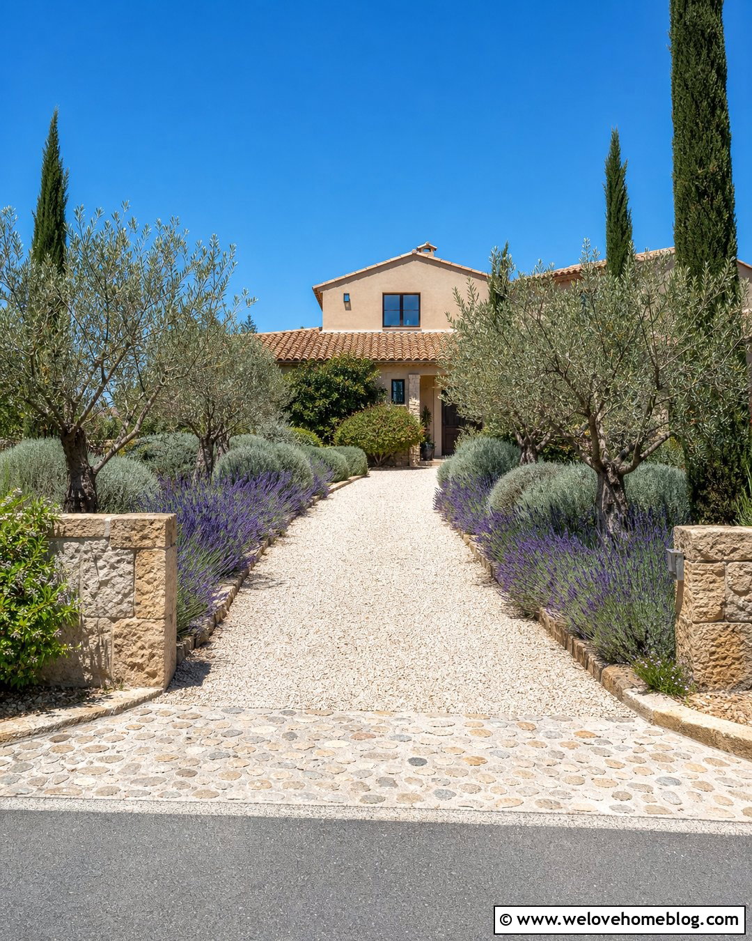 Italian Villa White Gravel Driveway With Lavender - 20 Italian Villa Driveway Ideas