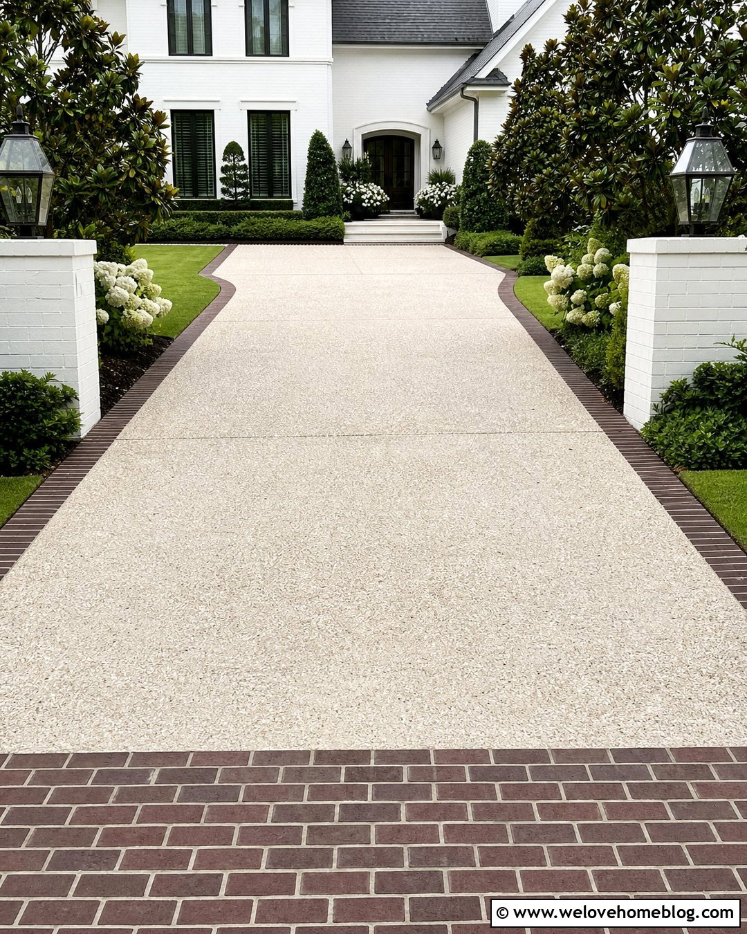 Ivory Tabby Concrete Driveway With Dark Brick