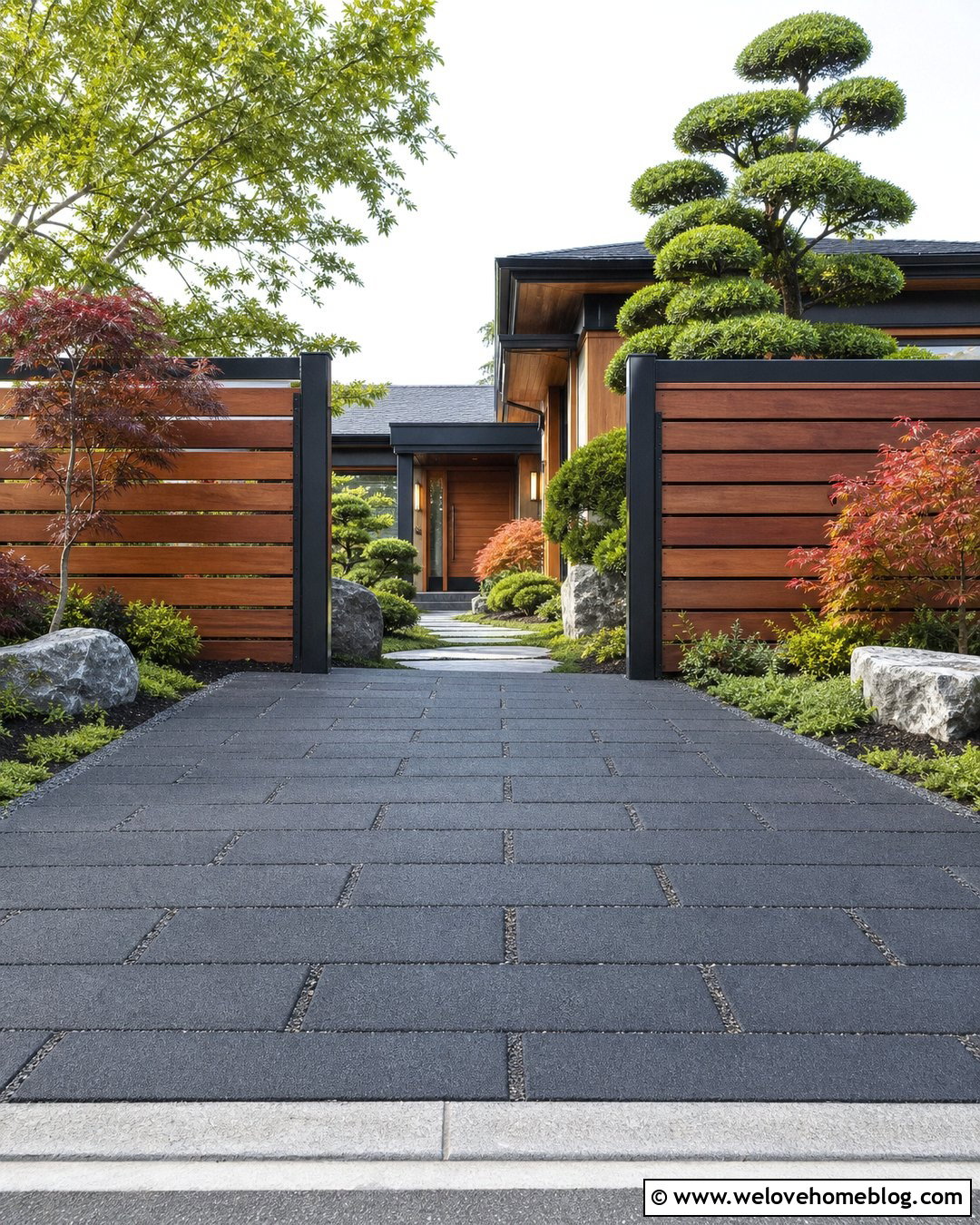 Japanese Cedar Driveway Gate With Permeable Pavers - 20 Wood Gates Driveway Ideas