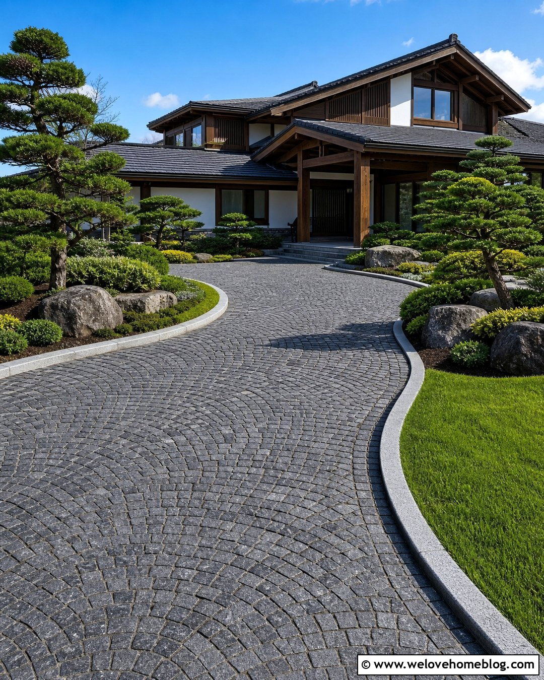 Japanese Cobblestone Driveway With Pine Landscaping - 25 japanese driveway ideas