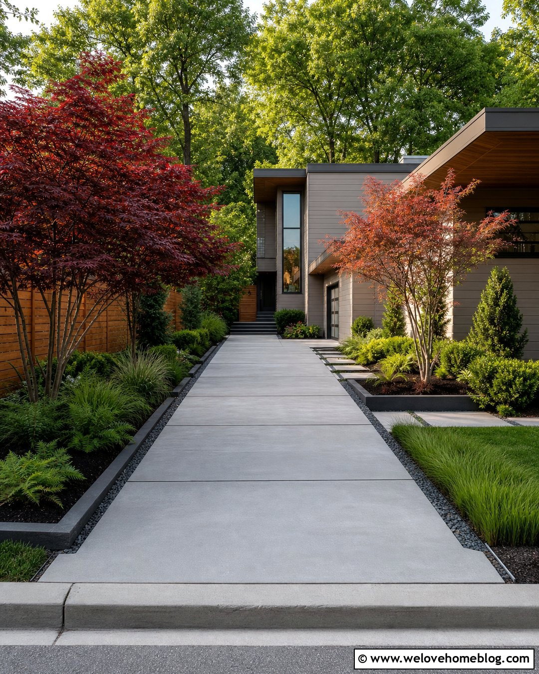 Japanese Maple Tree Lined Concrete Driveway - 40 Tree Lined Driveway Ideas