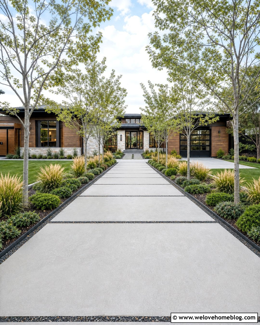 Japanese Zelkova Trees Along A Modern Concrete Driveway - 25 best trees to line a long driveway ideas