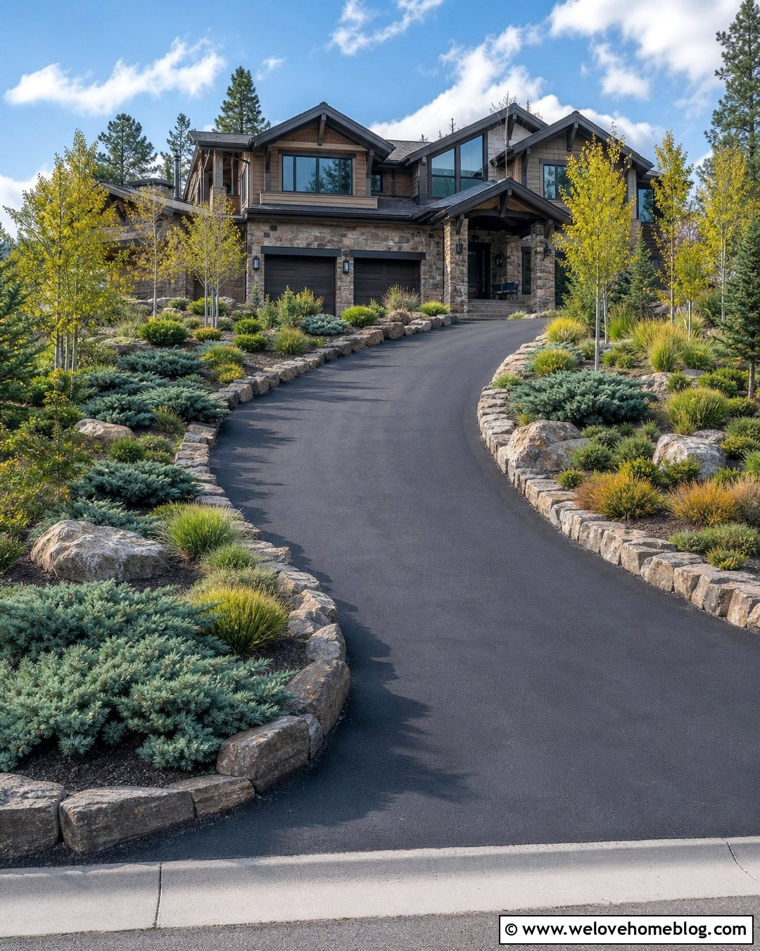 Juniper Bushes Lining a Sloped Asphalt Driveway - 20 bushes lining driveway ideas