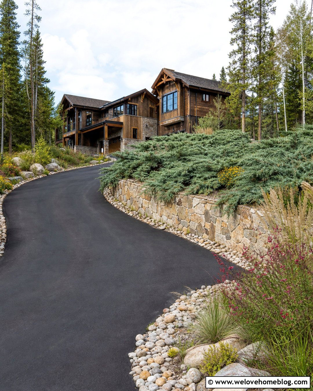 Juniper Shrubs Along A Sloped Driveway - 25 Driveway Shrubs Ideas