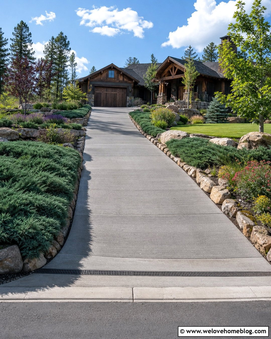 Juniper Shrubs Along a Sloped Driveway - 20 shrubs to line driveway ideas