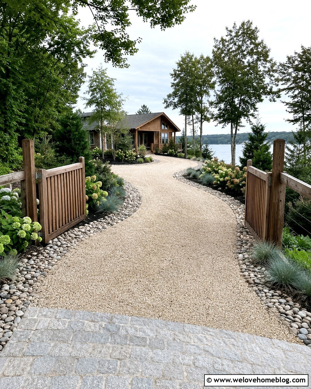 Lakeside Cabin Driveway Entrance With Cedar Fencing - 20 Cabin Driveway Entrance Ideas